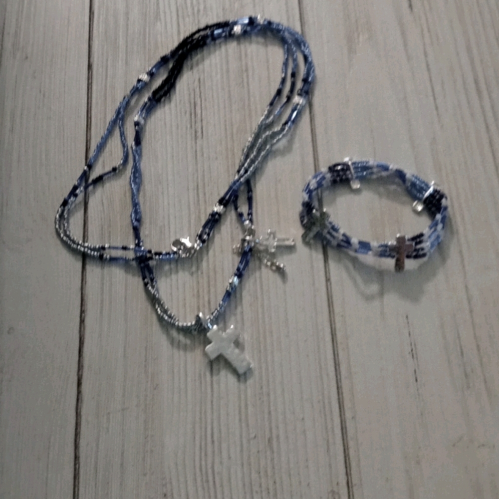 Blue beaded cross necklace and braclet